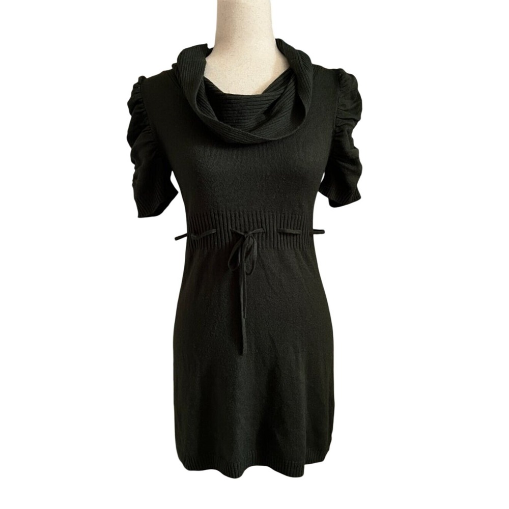 Y2K Takeout Dark Green Knit Cowl Neck Tie Waist Dress Cozy Twee Mall Core Sz M